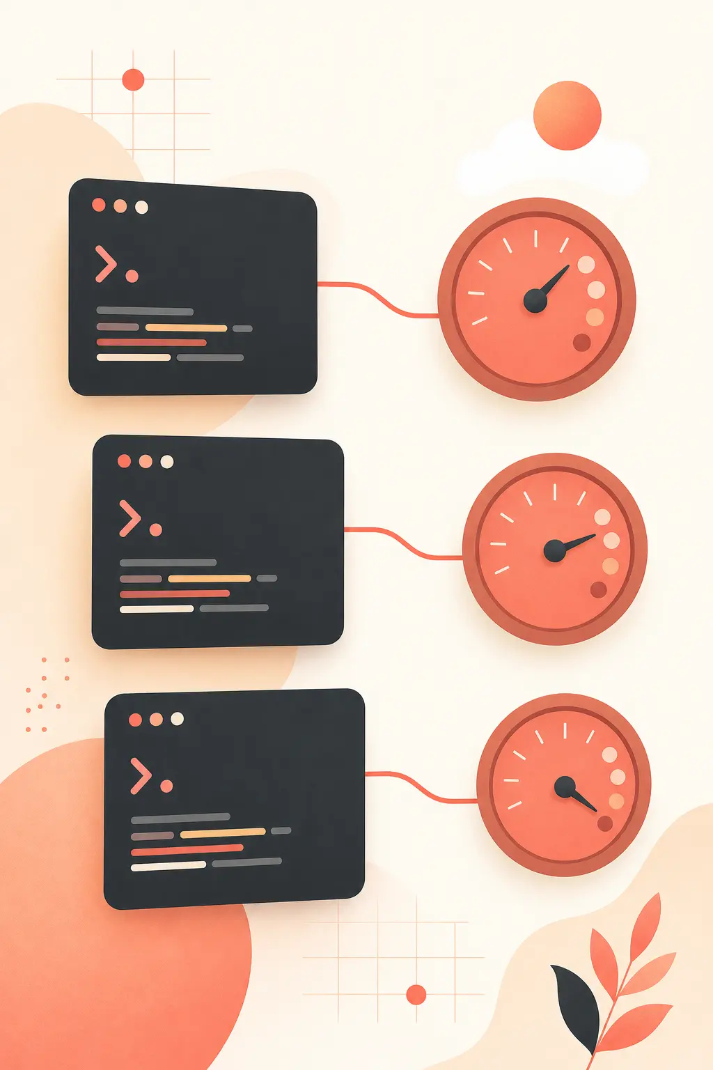 Cream-background editorial cover showing three abstract terminal windows as stacked charcoal cards, each connected to a 
