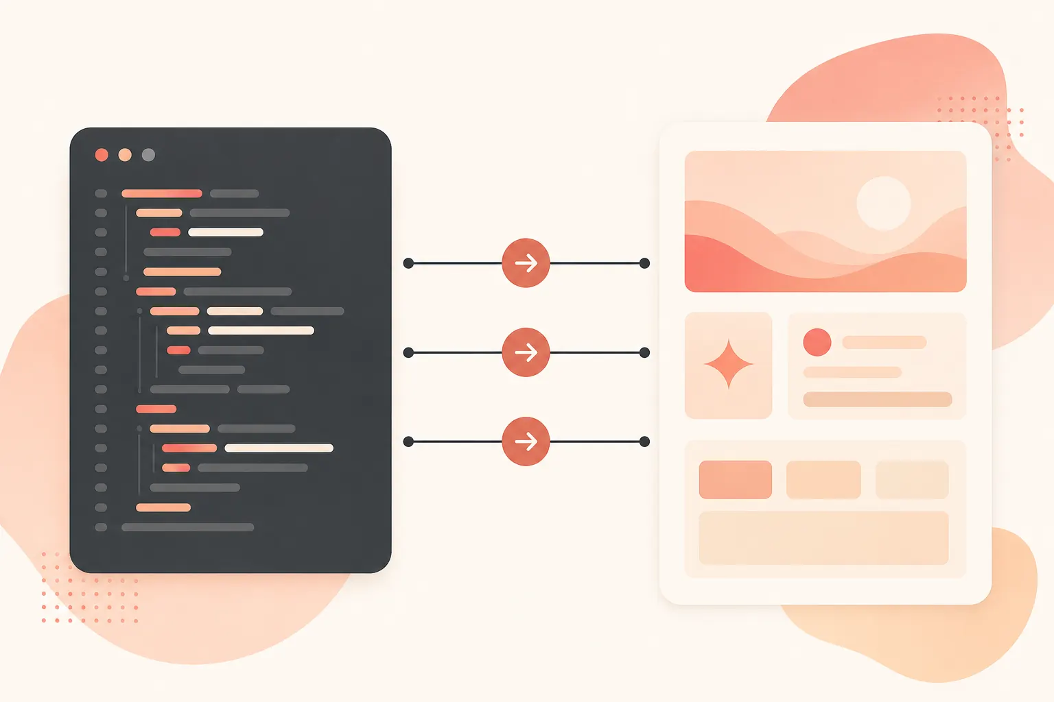 Developer workstation illustration on an off-white background, with an OpenAI SDK code card on the left and a Gemini model card on the right. A terracotta arrow in the center highlights the three changes: base_url, API Key, and model, connected by thin charcoal-gray lines, styled like a tech magazine cover.