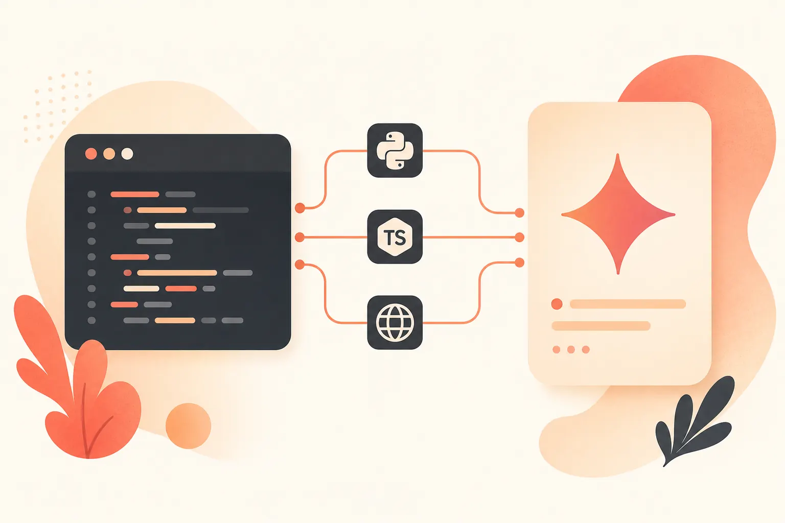 Developer migration diagram on an off-white background: an OpenAI SDK code window on the left, a Gemini API endpoint card on the right, and three terracotta connector lines in the middle labeled base_url, API Key, and model, with small charcoal icons representing Python and TypeScript