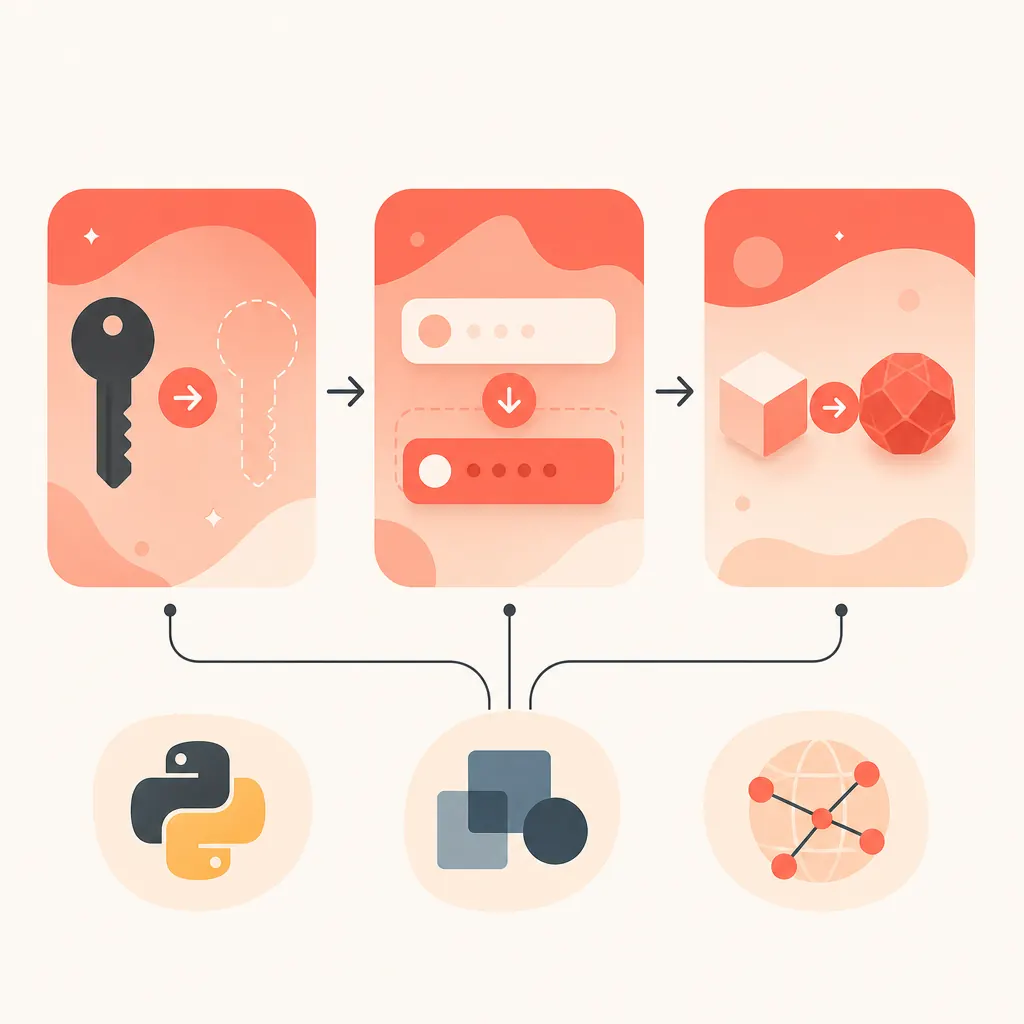 A three-step migration flowchart on a warm off-white background, with three terracotta step cards from left to right: replace GEMINI_API_KEY, replace base_url, replace model; the bottom connects the three entry points Python, TypeScript, and REST with thin charcoal-gray lines