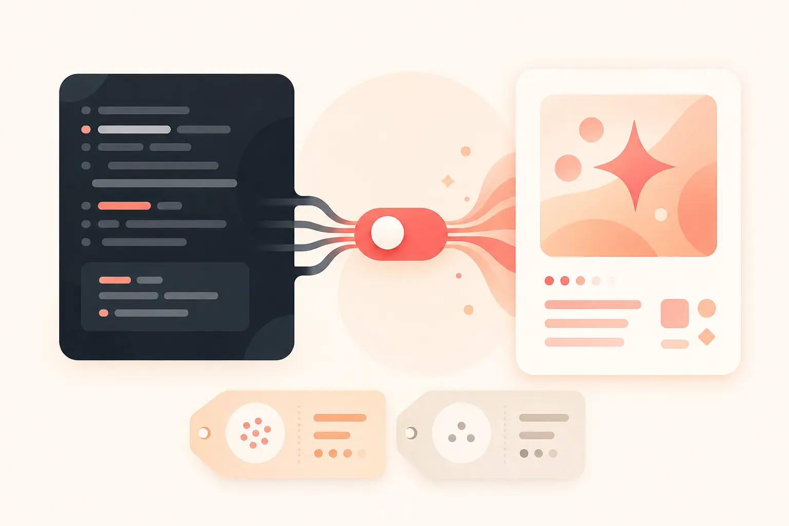 Developer API migration illustration on an off-white background: a charcoal OpenAI SDK code card on the left, a terracotta base_url switch in the center, and a Gemini 3.5 Flash model card on the right, with small price tags below showing input $1.50/M and output $9.00/M overall