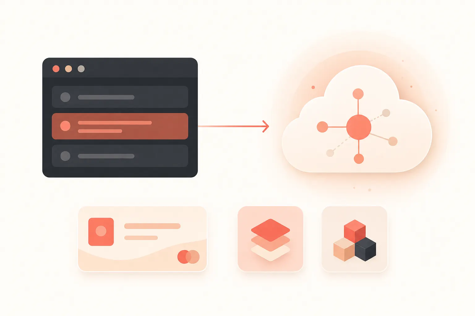 Developer integration diagram on an off-white background: a charcoal code window on the left with three configuration lines—base_url, api_key, and model—highlighted in terracotta; a Gemini API cloud node on the right; thin arrow lines connecting them; small pricing cards and SDK icon blocks at the bottom; no logos, no