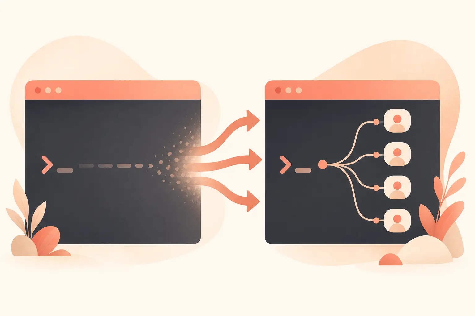 A cream-background editorial illustration of two terminal windows side by side: the left labeled visually by fading comm
