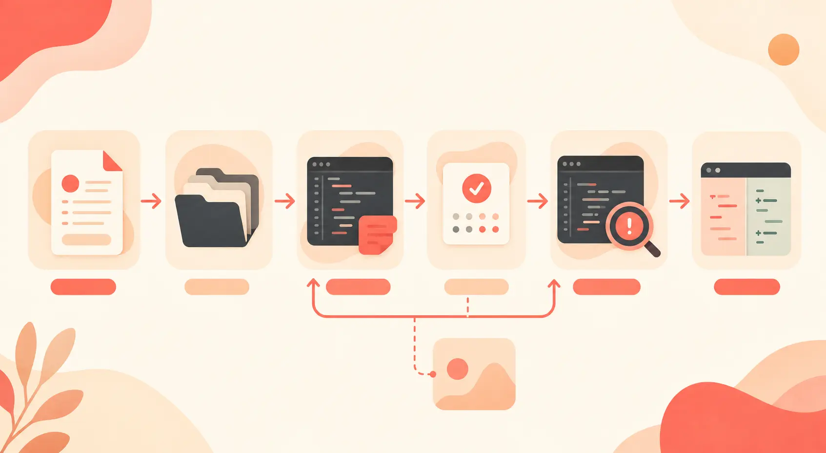 Diagramma di flusso pulito su sfondo crema che mostra una pipeline di coding agent: acquisizione issue, ricerca nel repo, modifica patch, esecuzione test,