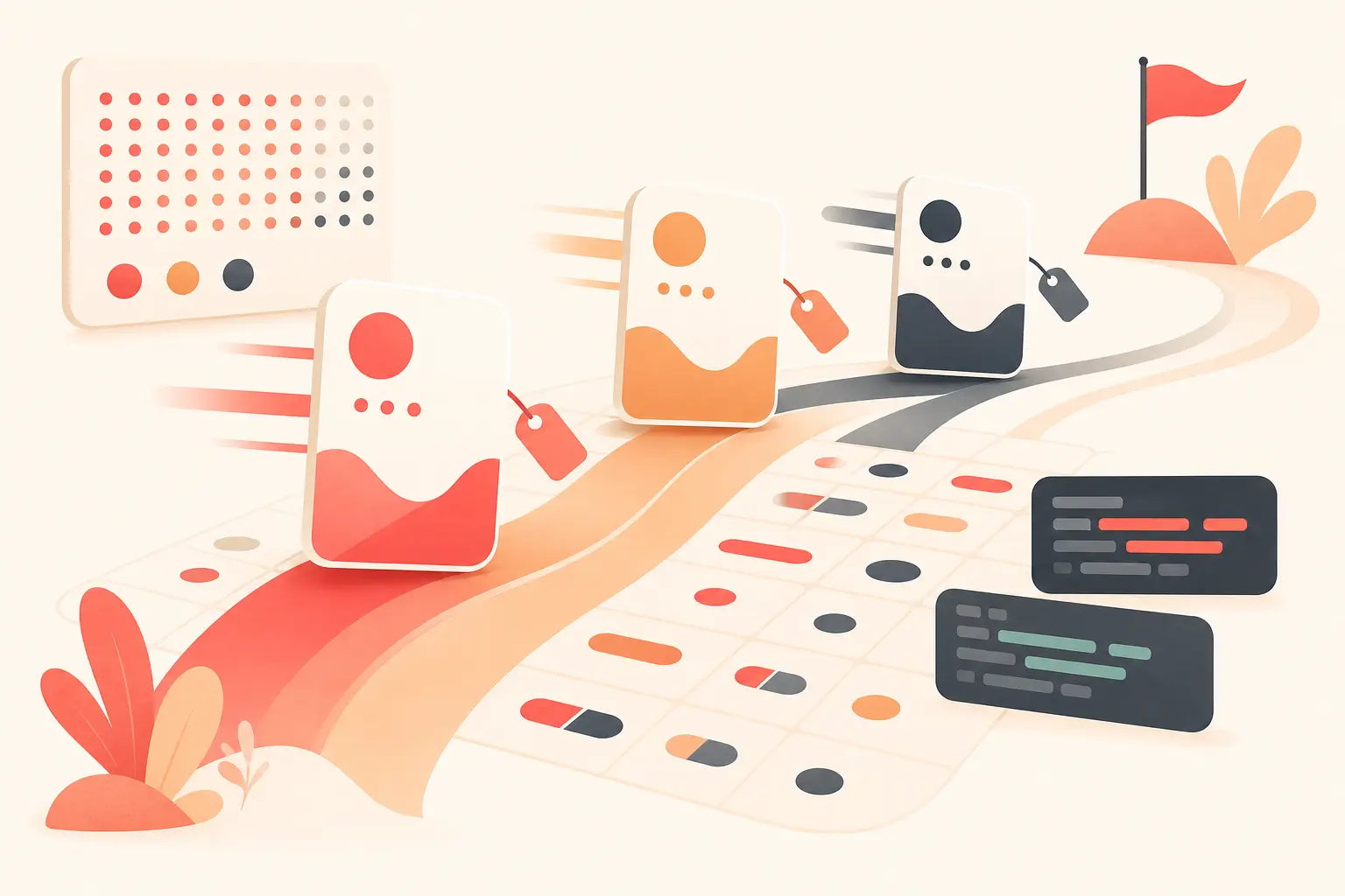 Cream-background editorial illustration of three abstract coding model cards racing across a polyglot test grid, with te