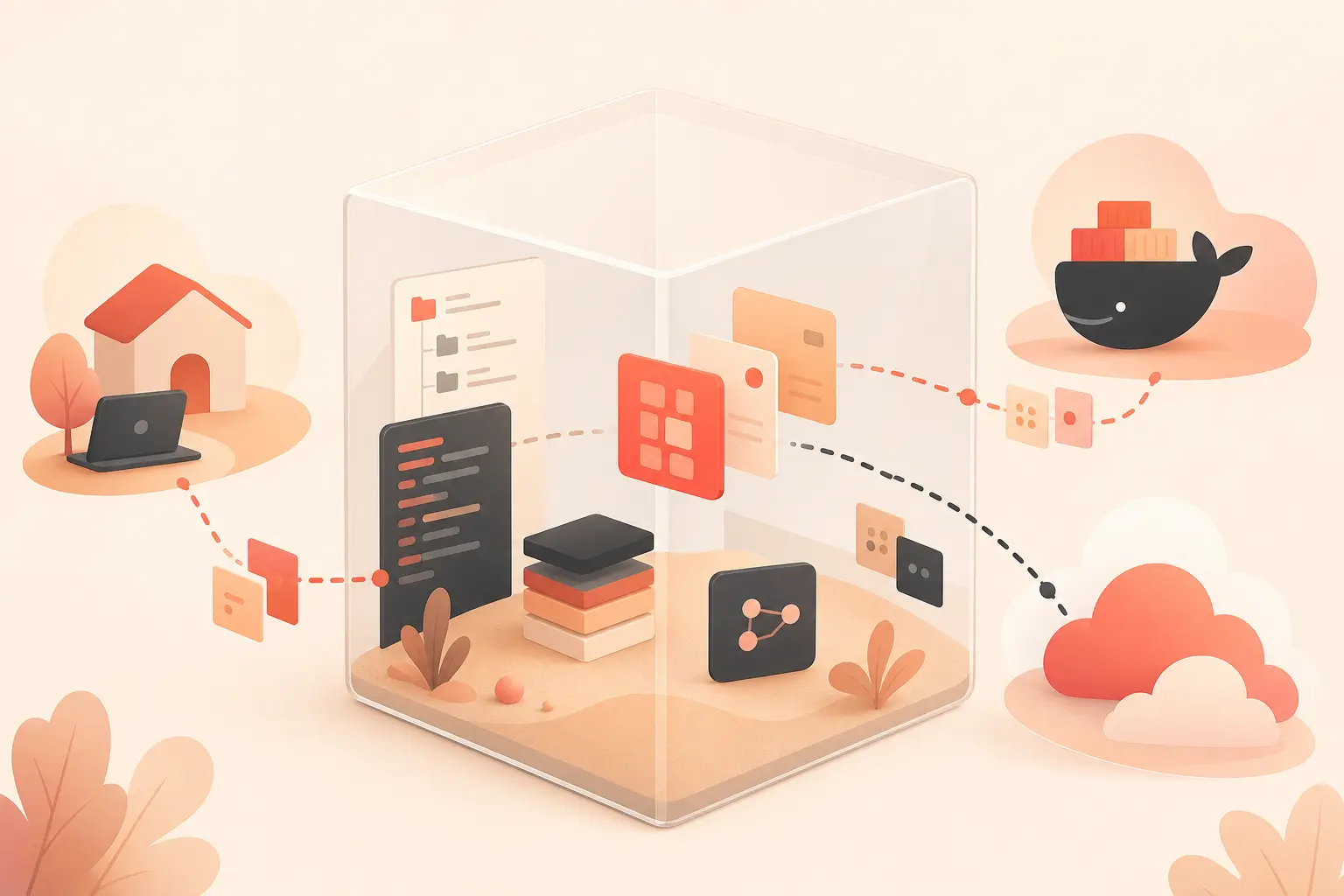 A cream-background editorial illustration of a developer workspace inside a transparent sandbox cube, with file trees, t