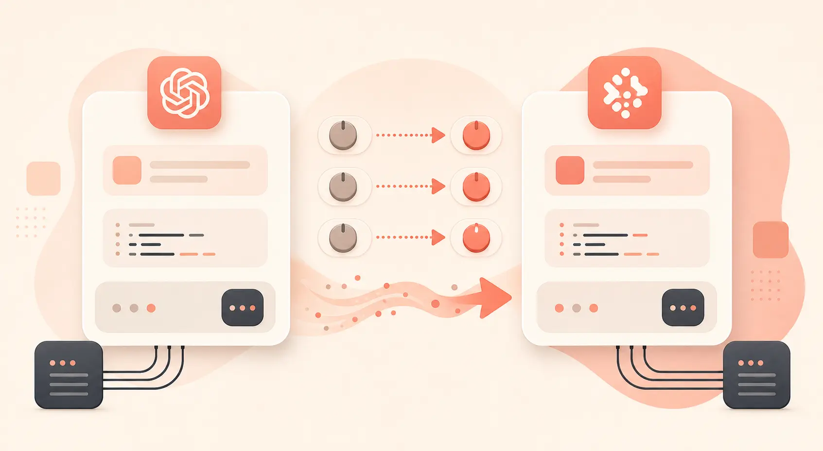 Diagramma di migrazione prima-e-dopo che mostra un’app con OpenAI SDK a sinistra che cambia solo api_key, base_url e model in r